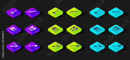 Set Swiss army knife, Shovel, Photo camera, Binoculars, Hunting gun and Arrow icon. Vector