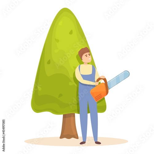 Tree trimming icon cartoon vector. Garden hedge. Man maintenance