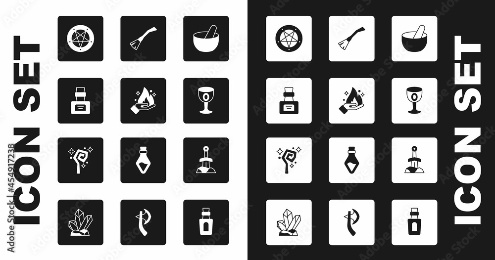 Set Witch cauldron, Hand holding fire, Bottle with potion, Pentagram circle, Medieval goblet, Witches broom, Sword the stone and Magic staff icon. Vector Set Witch cauldron, Hand holding fire, Bottle with potion, Pentagram circle, Medieval goblet, Witches broom, Sword the stone and Magic staff icon. Vector