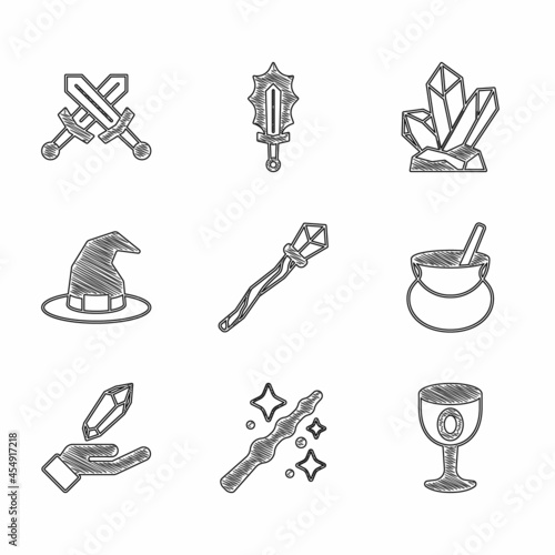 Set Magic staff, wand, Medieval goblet, Witch cauldron, stone, hat, and Crossed medieval sword icon. Vector