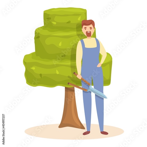 Garden worker icon cartoon vector. Tree hedge. Cutting man