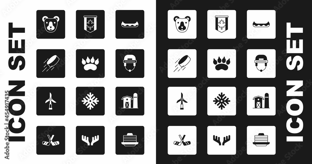 Set Kayak, Bear paw footprint, Hockey puck, head, helmet, Pennant flag of Canada, Farm house and Wind turbine icon. Vector Set Kayak, Bear paw footprint, Hockey puck, head, helmet, Pennant flag of Canada, Farm house and Wind turbine icon. Vector