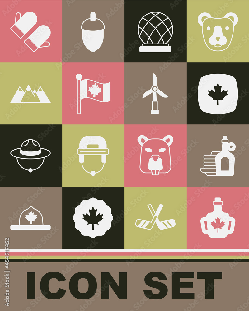 Set Bottle of maple syrup, Syrup with pancakes, Canadian leaf, Montreal Biosphere, Flag Canada, Mountains, Christmas mitten and Wind turbine icon. Vector Set Bottle of maple syrup, Syrup with pancakes, Canadian leaf, Montreal Biosphere, Flag Canada, Mountains, Christmas mitten and Wind turbine icon. Vector
