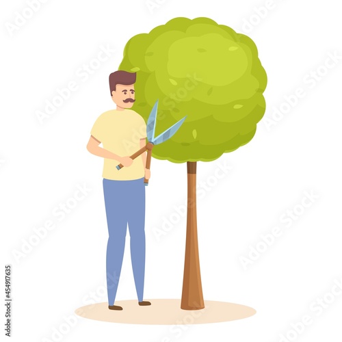 Tree scissors man icon cartoon vector. Garden hedge. Trim grass