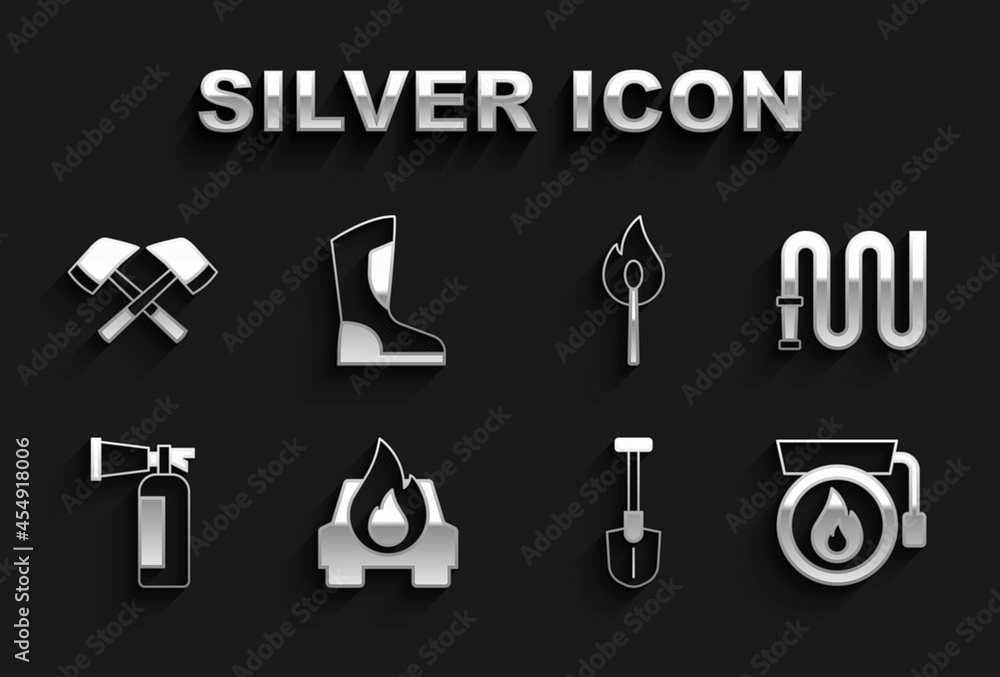 Set Burning car, Fire hose reel, Ringing alarm bell, shovel, extinguisher, match with fire, Firefighter axe and boots icon. Vector Set Burning car, Fire hose reel, Ringing alarm bell, shovel, extinguisher, match with fire, Firefighter axe and boots icon. Vector