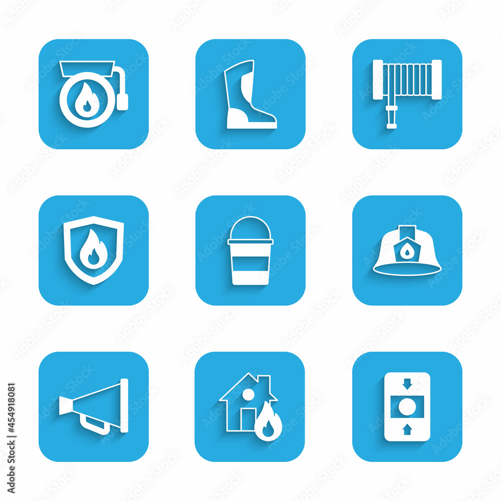 Set Fire bucket, in burning house, alarm system, Firefighter helmet, Megaphone, protection shield, hose reel and Ringing bell icon. Vector Set Fire bucket, in burning house, alarm system, Firefighter helmet, Megaphone, protection shield, hose reel and Ringing bell icon. Vector