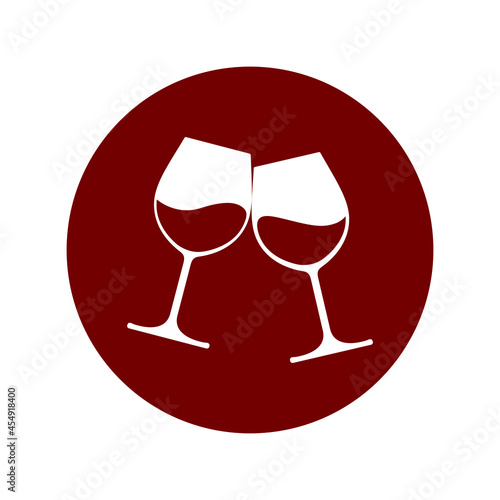 Clink glasses graphic icon. Cheers with two glasses with wine sign in the circle isolated on white background. Vector illustration