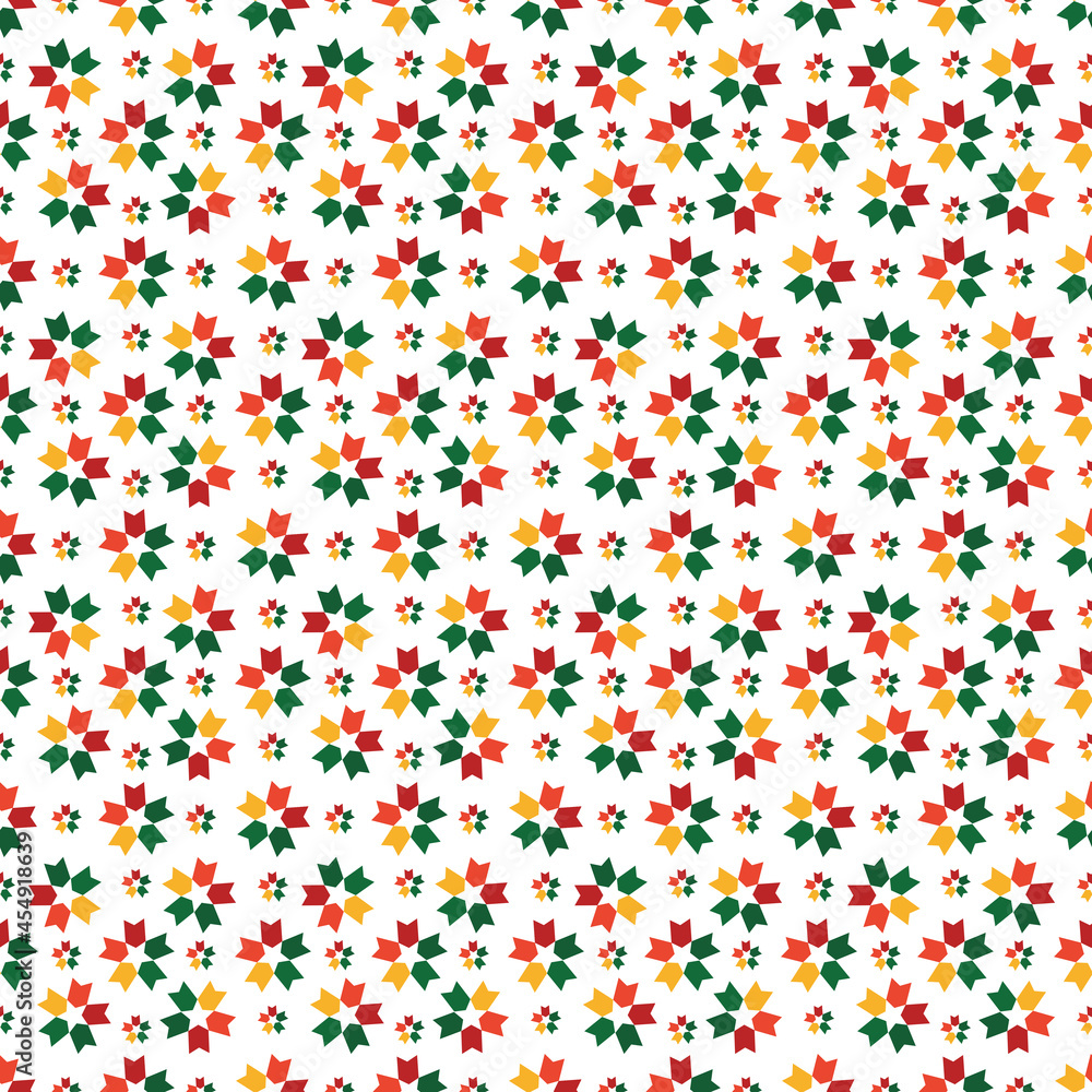 Abstract graphics seamless of big and small flower with five-pointed petals has red,yellow,green tone on white background.Vector design creative for fabric, wrapping, textile, wallpaper,apparel. Abstract graphics seamless of big and small flower with five-pointed petals has red,yellow,green tone on white background.Vector design creative for fabric, wrapping, textile, wallpaper,apparel.