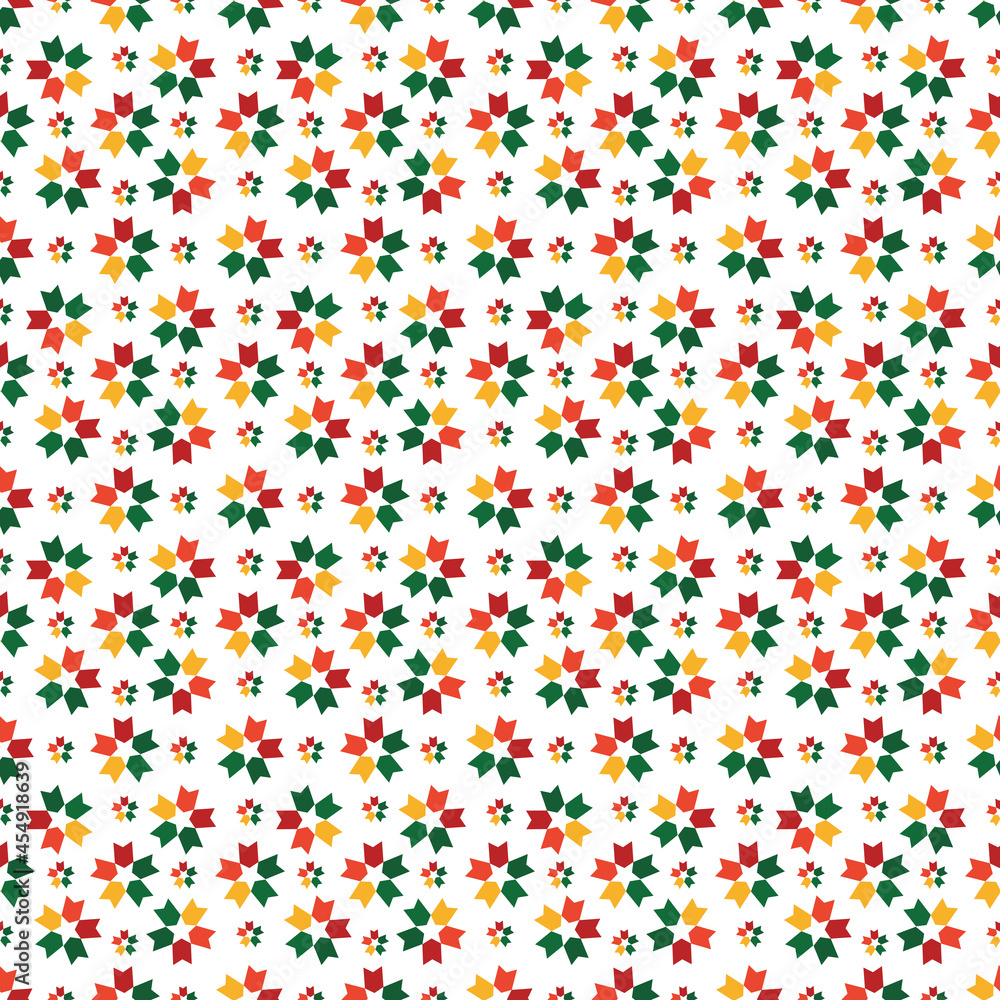 Abstract graphics seamless of big and small flower with five-pointed petals has red,yellow,green tone on white background.Vector design creative for fabric, wrapping, textile, wallpaper,apparel.