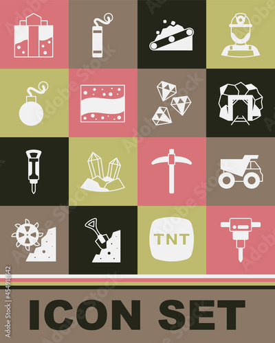 Set Construction jackhammer, Mining dump truck, Mine entrance, Conveyor belt carrying coal, Gold mine, Bomb, and Gem stone icon. Vector