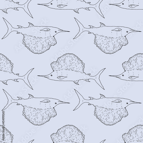 Vector pattern of Marlin-Swordfish. Seamless pattern of a sailboat of a sea fish Istiophorus platypterus in black outline on a gray background for a design template .A sea sailfish, hand-drawn in the 
