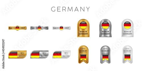 Made in Germany Label, Stamp, Badge, or Logo. With The National Flag of Germany. On platinum, gold, and silver colors. Premium and Luxury Emblem