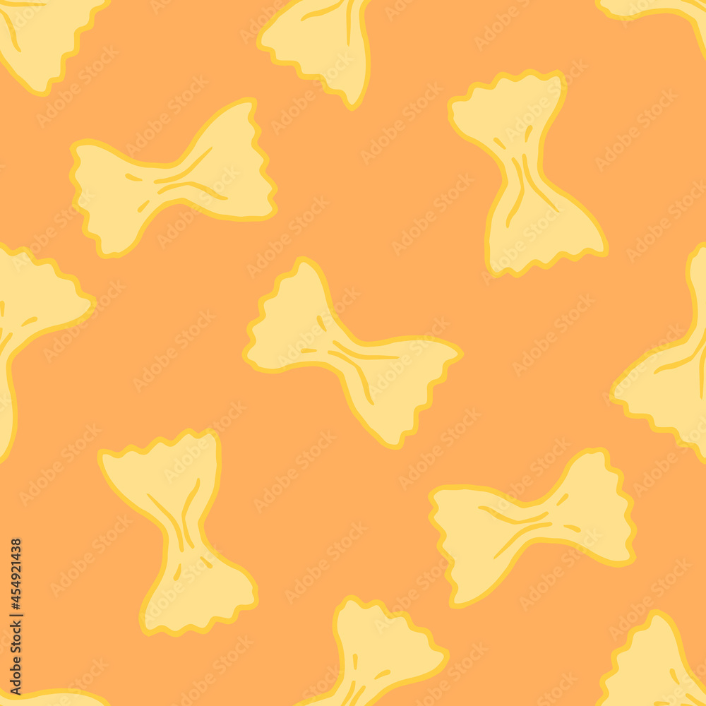 Vector pattern of farfalle pasta in flat style. Seamless pattern of hand-drawn yellow bow pasta randomly placed on an orange background for a packaging design template, labels, menus Vector pattern of farfalle pasta in flat style. Seamless pattern of hand-drawn yellow bow pasta randomly placed on an orange background for a packaging design template, labels, menus