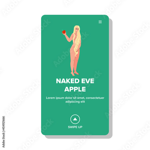 Naked Eve Holding Apple Standing In Eden Vector. Naked Eve Hold Forbidden Fruit In Paradise Garden. Biblical Religious Character Woman Christian Story Web Flat Cartoon Illustration