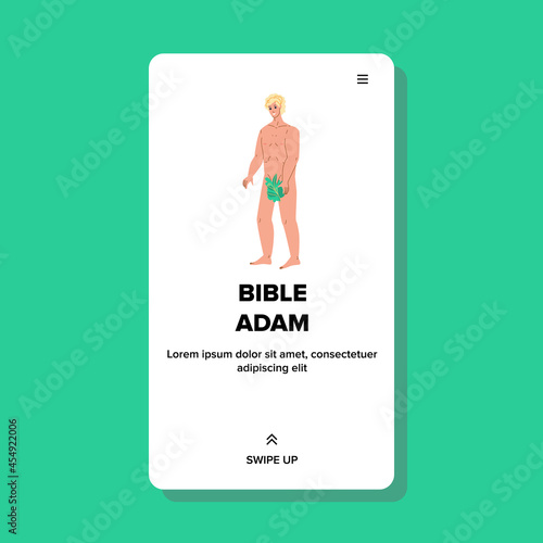 Bible Adam Standing In Paradise Garden Vector. Naked Bible Adam With Tree Green Leaf Walking In Eden. Religious Story Character Man Bible First People Web Flat Cartoon Illustration