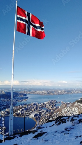 Norwegian flag on top of a mountain, Norway, Bergen
