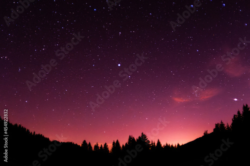 Beautiful night sky over the forest, Moravian-Silesian Beskids, Milky way in the mountains. Lanscape from the nature, Czech Republic