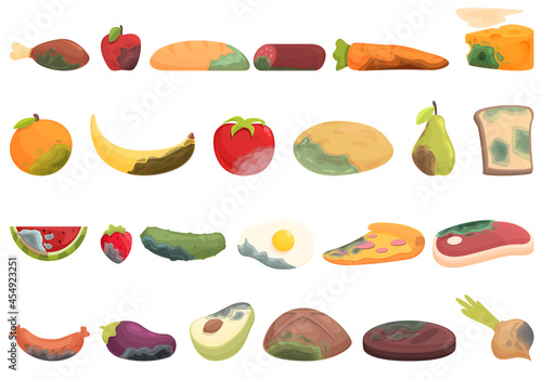 Food contamination icons set cartoon vector. Spoiled rotten. Touch virus