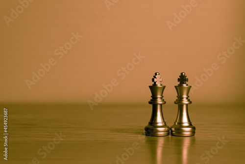 Closeup of chess characters on board games. to represent decision making in term of business strategy to find out the best solution to meet target objective and goal. 