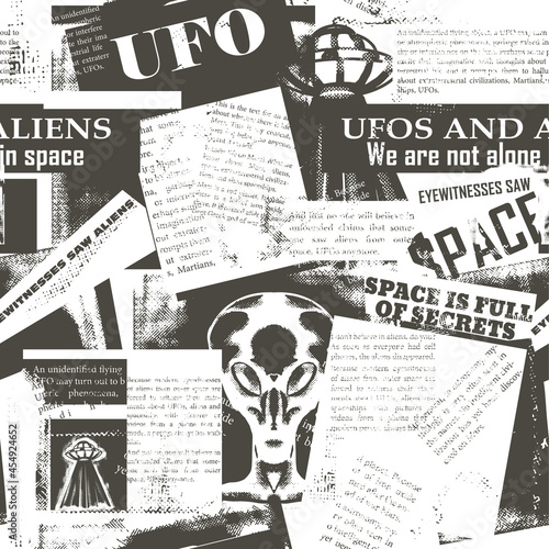 Vintage seamless pattern with a collage of newspaper clippings about UFOs and aliens. Background with old, unreadable text, titles and illustrations on the theme of space. Newspaper print from scraps.