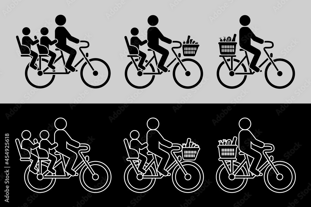 Fototapeta premium Pictogrammes d’une personne transportant ses enfants assis à l’arrière d’un vélo - images en de silhouettes noires ou en lignes blanches.