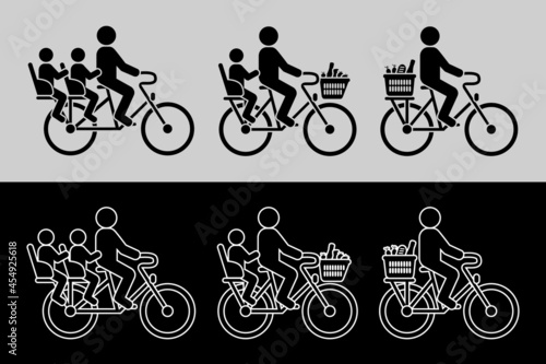 Pictogrammes d’une personne transportant ses enfants assis à l’arrière d’un vélo - images en de silhouettes noires ou en lignes blanches. photo