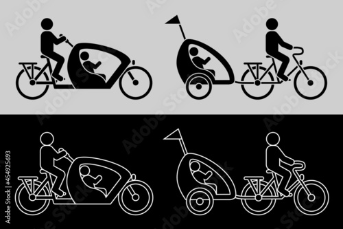 Pictogrammes d’une personne transportant ses enfants sur un vélo poussette - 2 modèles déclinés en silhouettes noires ou en lignes blanches.