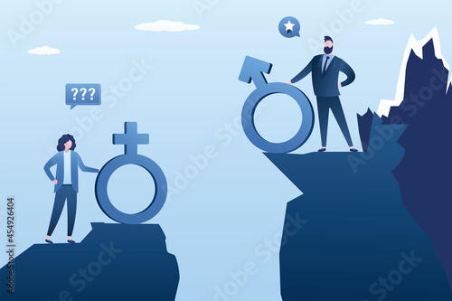 Gender gap. Inequality in work. Man stands taller than woman on mountain peak. Advantage for businessman over businesswoman on career ladder. Business people with gender symbols.