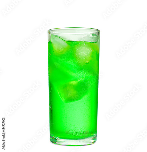 Image isolated green water mixed ice and soda bubble with dew water beverage is cool for a cocktail on white background with clipping path.