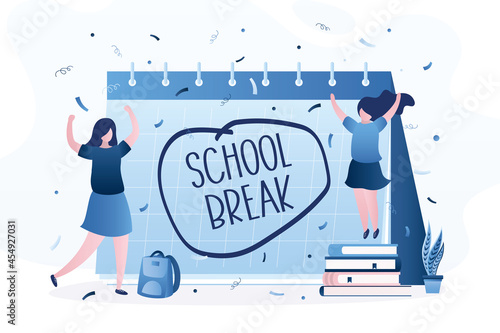 Paper schedule with text - school break. Happy schoolgirls jumping and celebrating. Summer or winter holidays. Cute classmate girls and huge planner or calendar.
