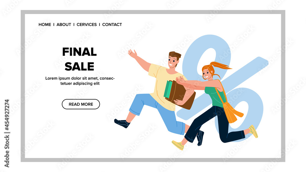 Final Sale Shopaholics Run For Purchasing Vector. Man And Woman Customers Running To Store For Final Sale. Characters Boy And Girl Clients Hurry For Purchase Web Flat Cartoon Illustration