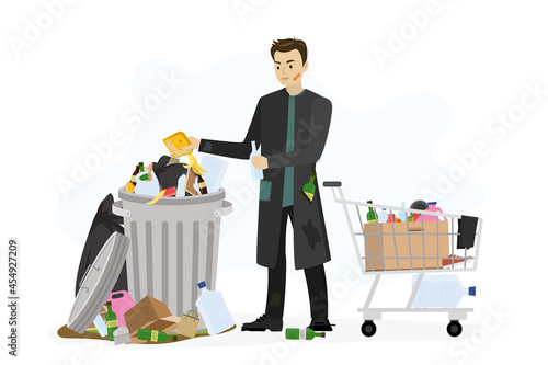 Homeless vagrant person looking for food and things in dirty trash can. Ragged vagabond. Unhappy hungry beggar. Trolley with various things.