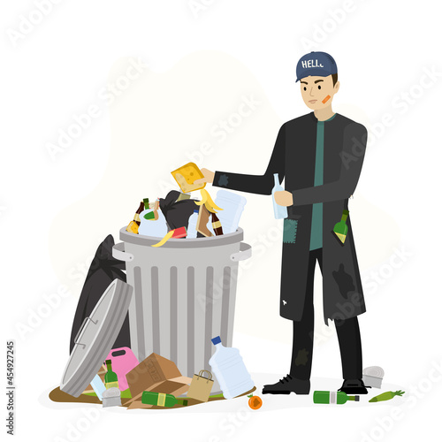 Homeless vagabond person looking for food and things in trash can. Dirty garbage bin. Unhappy caucasian beggar isolated on white background. Poverty, hungry sad guy.