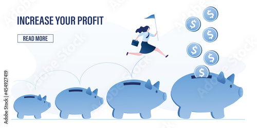 Successful businesswoman jumping from small piggy bank to bigger profit to achieve financial goal. Investment, savings growth. Salary or profit increase. Making more money