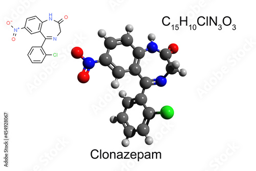 Chemical formula, skeletal formula, and 3D ball-and-stick model of  benzodiazepine medication clonazepam, white background photo