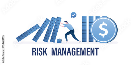Risk management, horizontal banner. Business and finance protection, crisis management. Effective businessman helping, support company avoiding dominoes effect