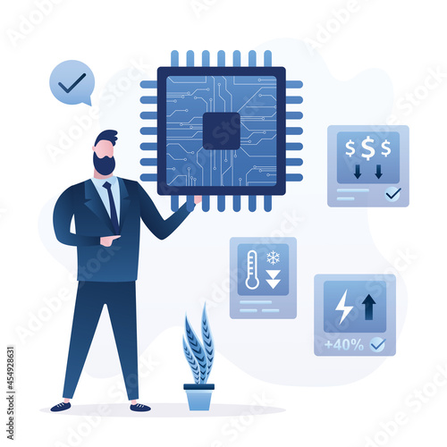 Businessman presents new processor. Improved version of chip. Powerful, cheap microprocessor for mobile devices or pc computers. Presentation process.