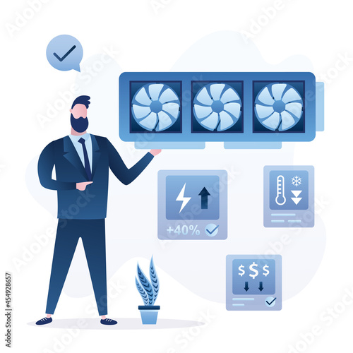 Businessman presents new generation of graphic chips. Improved version of chip. Powerful, cheap video card for pc computers. Presentation process.