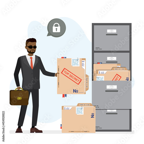 Secret agent holds folder with red stamp - top secret. Politician with confidential documents, large storage box for important files. African american businessman with folder.
