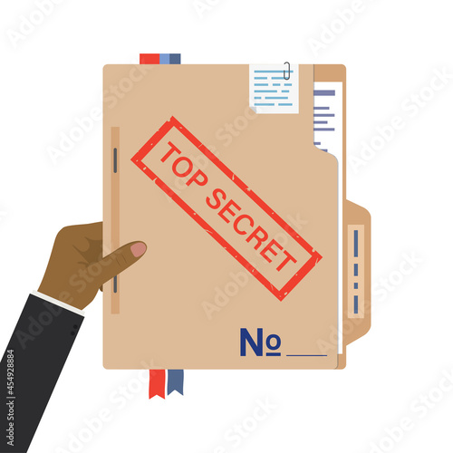 Hands holds government top secret report, seal stamped on folder with important documents. Cardboard folder with stamp, isolated on white background.