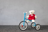 Teddy bear wearing Christmas costume sitting on vintage tricycle