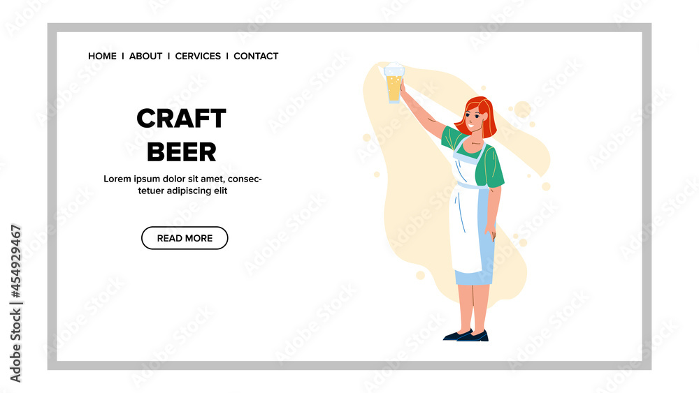 Craft Beer Girl Presenting On Festival Vector. Fresh Brewed Craft Beer Glass Holding Young Woman. Character Lady Hold Alcoholic Tasty Foamy Beverage Cup Web Flat Cartoon Illustration