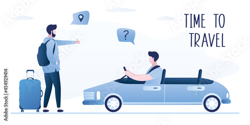 Time to travel, horizontal banner. Hitchhiker with luggage on road, thumb up. Autostop, hitchhiking concept. Holidays, summer vacations, auto trips.