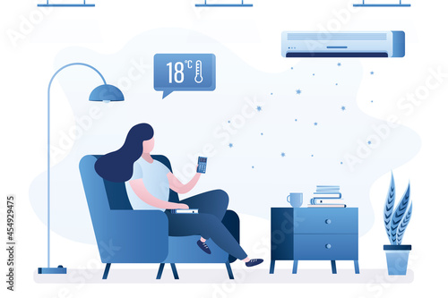 Woman relaxing in armchair at home. Living room interior. Female character turning on air conditioner system, holding remote control device. 18 degrees Celsius