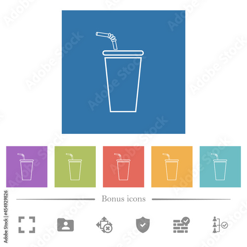 Disposable drinking cup with straw outline flat white icons in square backgrounds