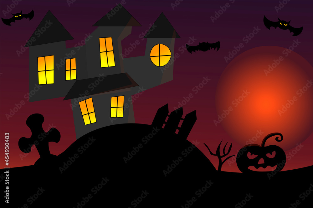 Background for Halloween. An old house at sunset with a cemetery, a pumpkin and bats