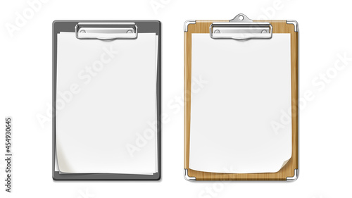 Clip Board With Wooden And Plastic Desk Set Vector. Clip Board With Blank Paper List Sheet Attached, Checklist For Writing Task And Drawing Creative Image. Clipboards Mockup Realistic 3d Illustrations