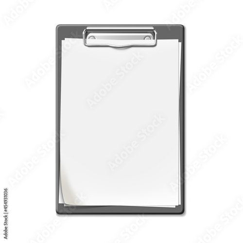 Clip Board With Blank List Sheet Attached Vector. Plastic Clip Board With Paper, Checklist For Writing Task And Drawing Creative Image. Clipboard Template Realistic 3d Illustration