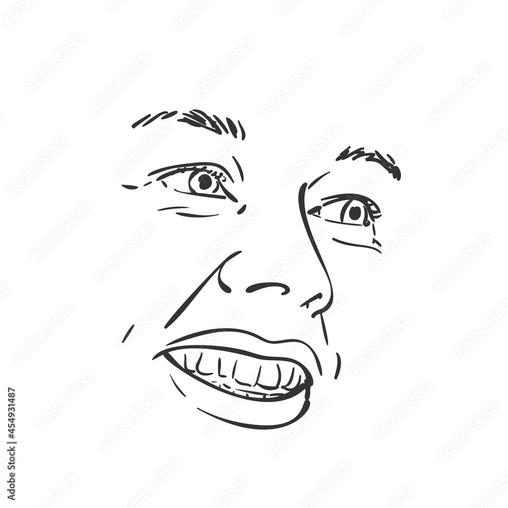 Happy woman face drawing, Smiling girl facial features vector sketch black and white graphics Happy woman face drawing, Smiling girl facial features vector sketch black and white graphics