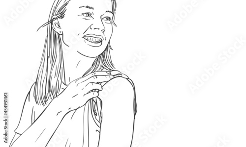 Woman looking happy raised her sleeve bared her shoulder for receiving vaccine shot,  Vector art sketch, Caucasian female smiling ready for vaccination, Hand drawn black and white graphics
